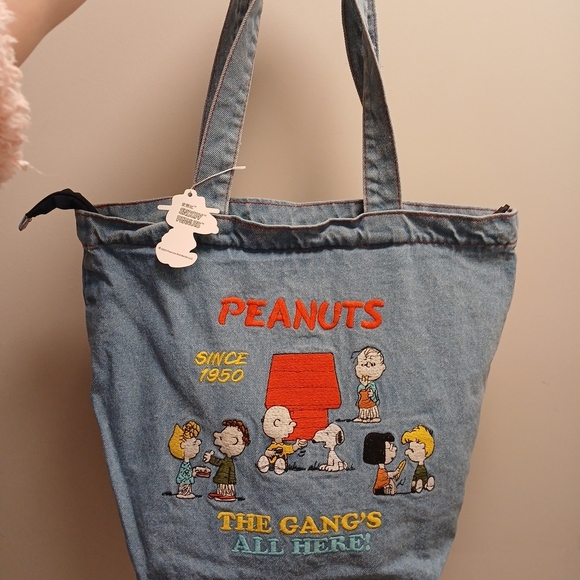 Peanuts Handbags - Peanuts Denim Tote Bag with Embroidered Characters - Light Blue